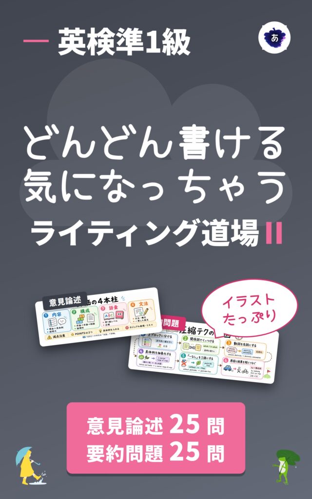 英検準1級 要約問題と意見論述（ライティング）を1冊で攻略する「どんどん書ける気になっちゃう
  ライティング道場II」の紹介画像。意見論述25問・要約問題25問収録、発行あおぐみ