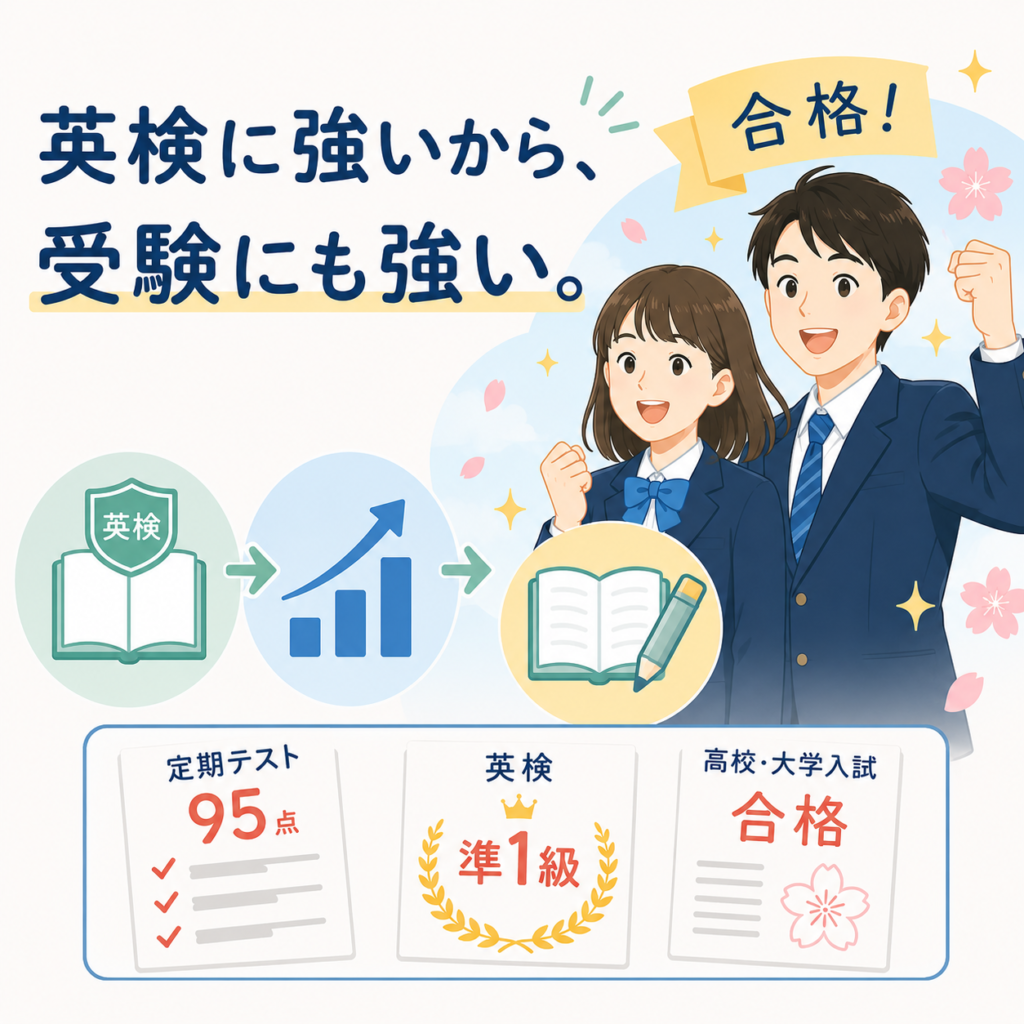 英検だけではなく、受験にも強い、合格! という文字と、学生のイラスト。定期テスト95点、英検準1級合格、広告・大学入試合格、の文字が書かれている