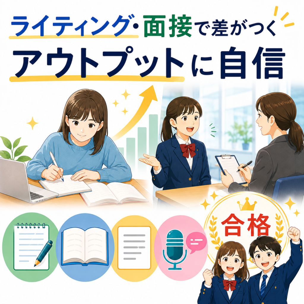 学生が英作文と面接対策をし、英検に合格するイラスト
