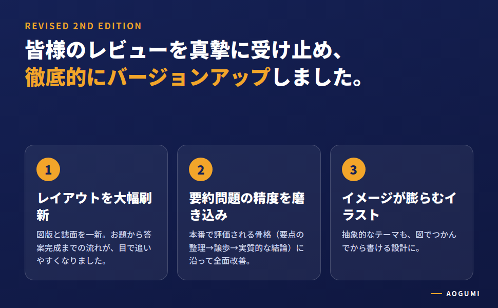 改訂第2版で進化した3点。レイアウト刷新・要約問題の精度向上・イメージが膨らむイラスト