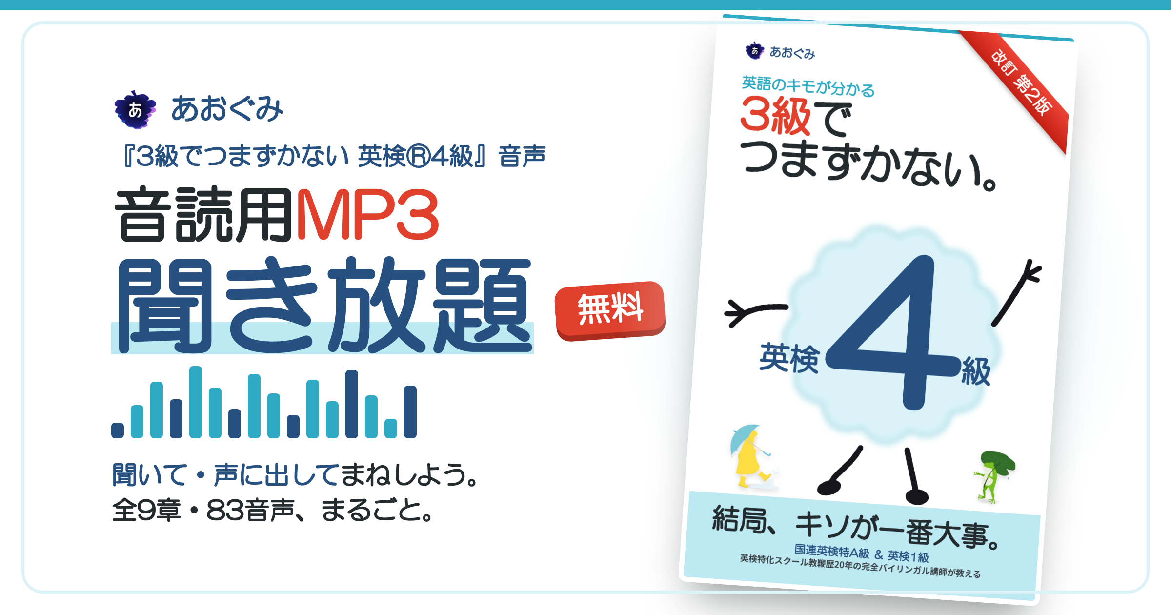 英検4級「英語のキモが分かる 3級でつまずかない」改訂第2版の音読用MP3が無料で聞き放題という告知バナー。あおぐみのロゴと音の波形イラ スト、右に数字4のキャラクターが描かれた4級の表紙。全9章・83音声。