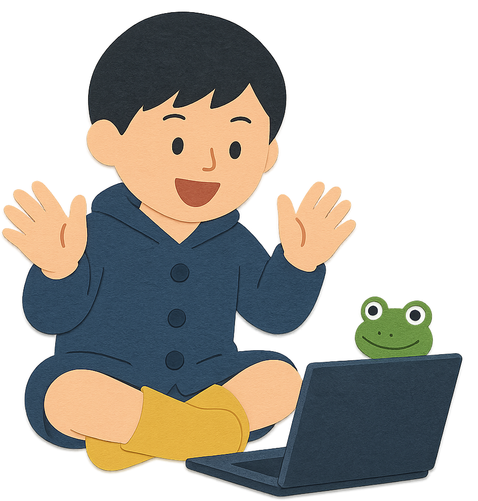 あおとケロが講師の見守るオンライン勉強会に参加しているイラスト
