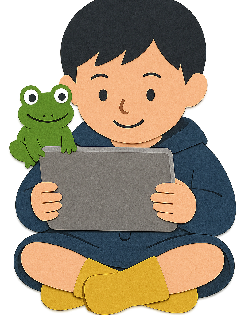 あおとケロがタブレットで英検クイズに取り組んでいるイラスト