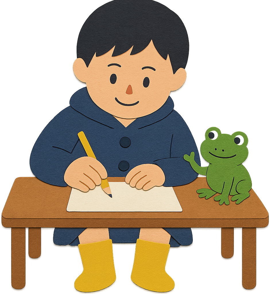 あおが英作文を書き、ケロが確認しているイラスト